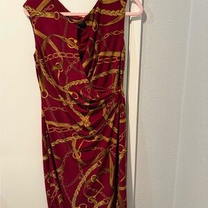 Ralph Lauren Red and Gold Chain Print Midi Dress